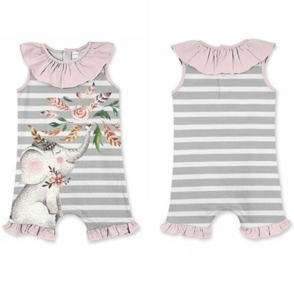 Penelope Plumm | Coral & Gray Stripe Elephant Ruffle Romper | Size 3 Months - Picture 1 of 9